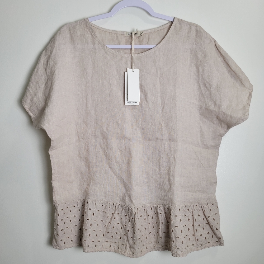 Spazio Chic Lagenlook Minimalist Neutral Oatmeal Pure Linen Top M‎